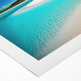 Vibrant beach landscape wall art design on rolled canvas, showcasing a serene seascape with blue skies and golden sands, ideal for home decor.