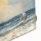 Close-up of a vibrant acrylic glass wall art piece showcasing a serene beach landscape with rich blues and sandy tones, ideal for coastal decor enthusiasts.