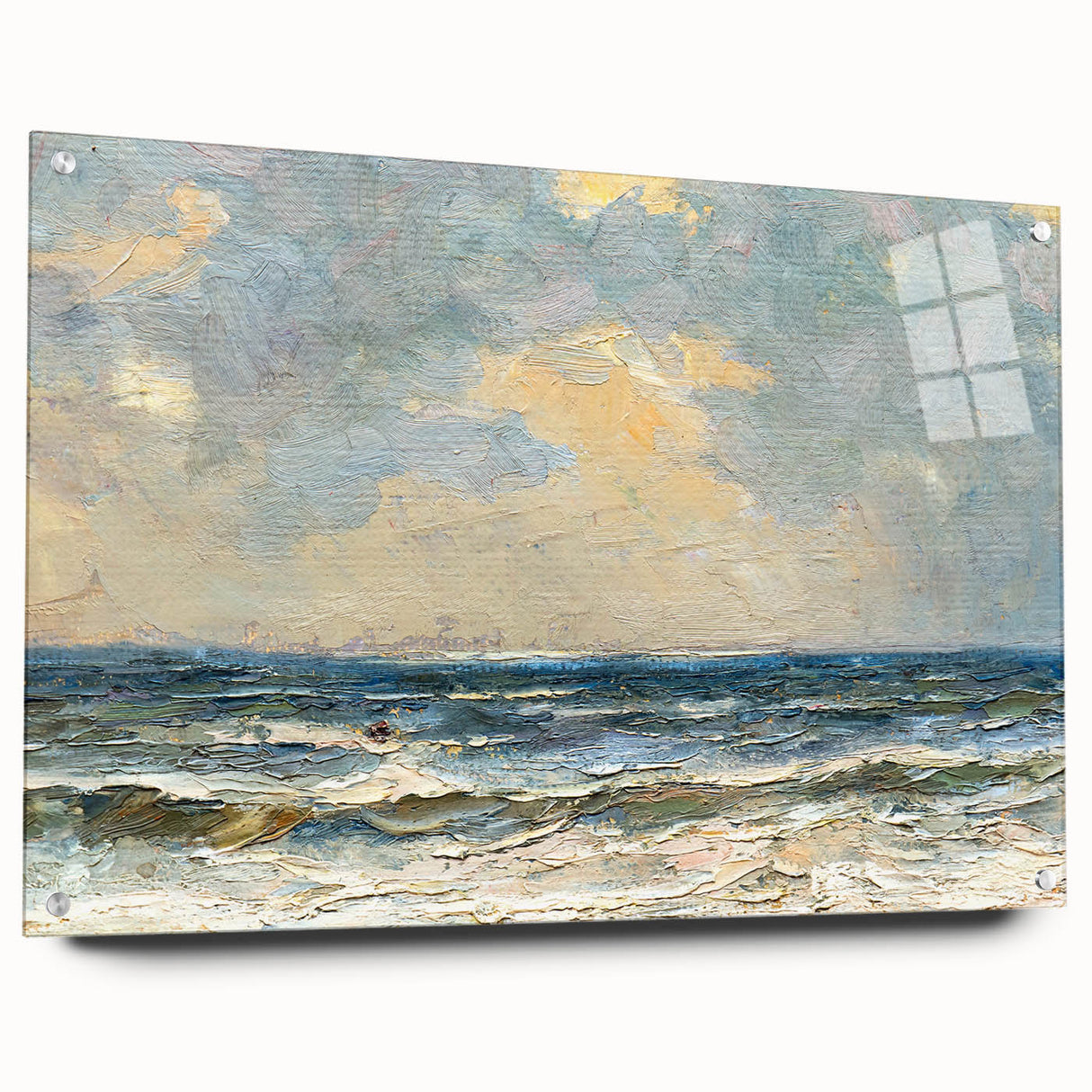 Acrylic wall art collection showcasing a vibrant beach landscape design in a modern frame, displayed with decorative pins on a stylish wall. Ideal for coastal-themed decor.