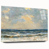 Acrylic glass wall art collection showcasing a vibrant beach landscape design, displayed in a side view without pins, perfect for modern decor.