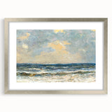 Framed wall art showcasing a serene beach landscape design, highlighted by a silver mat and elegant frame, perfect for enhancing home decor aesthetics.