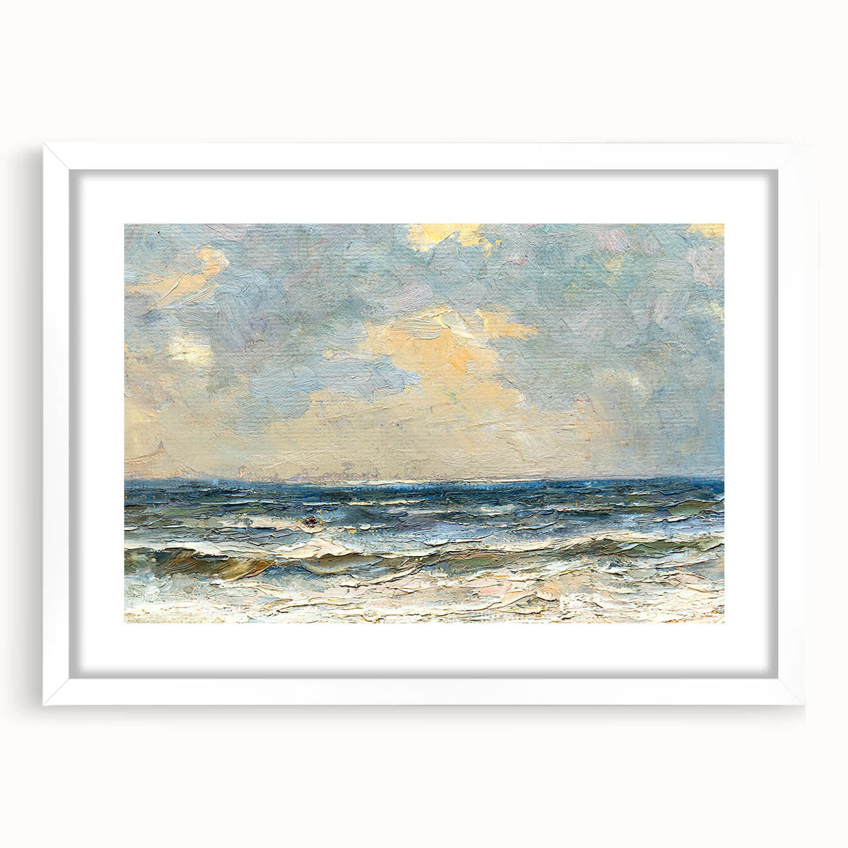 White-framed wall art featuring a serene beach landscape with soft waves and a clear sky, perfect for modern home decor, enhancing tranquility and style.