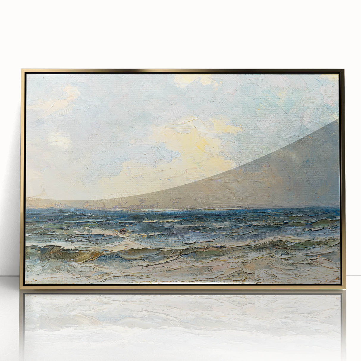 Framed wall art piece showcasing a vibrant beach landscape design with gold accents, ideal for modern home decor. Perfect for enhancing living spaces with a coastal theme.