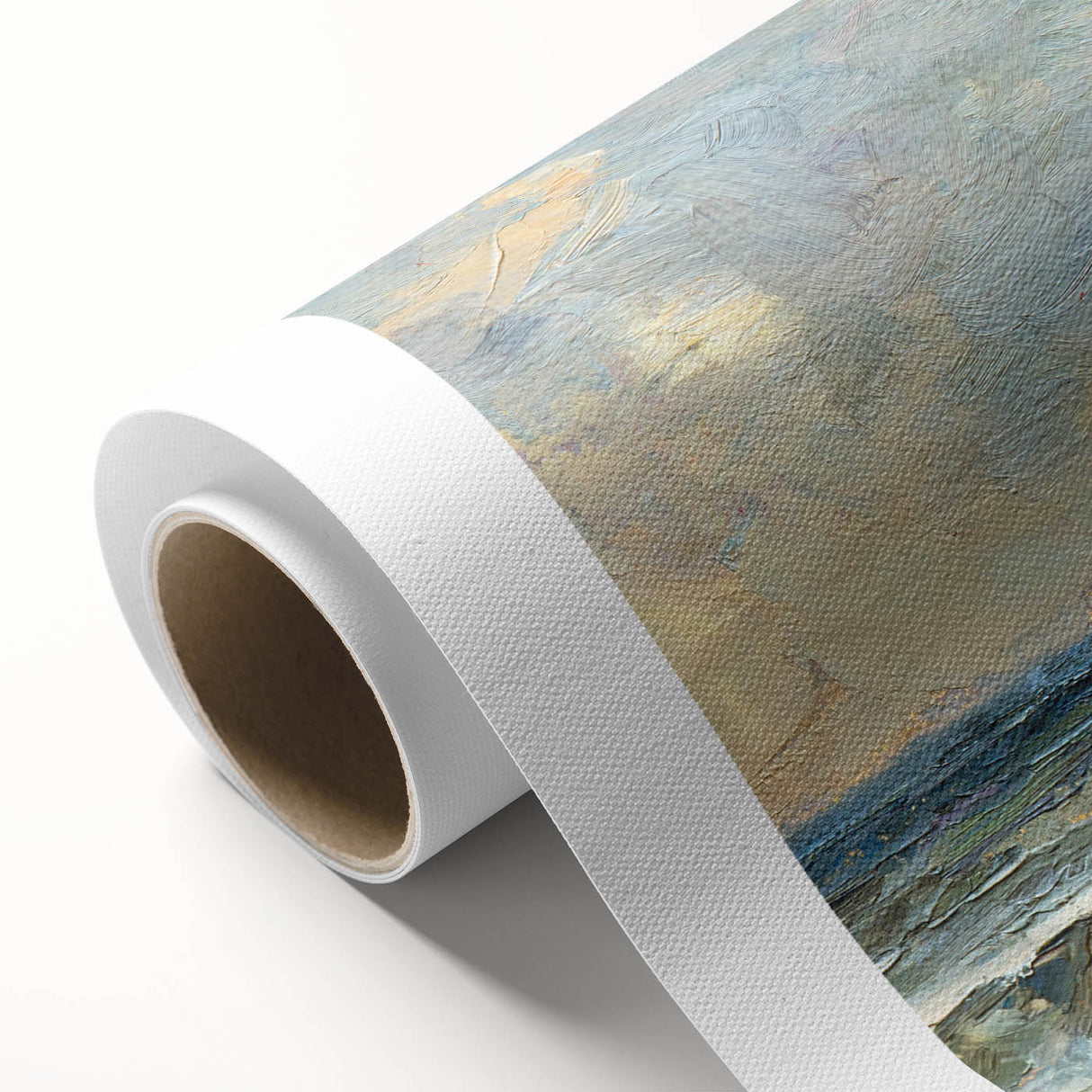 Vibrant rolled canvas wall art depicting a serene beach landscape with soft waves, blue skies, and golden sands, ideal for home decor and relaxation.