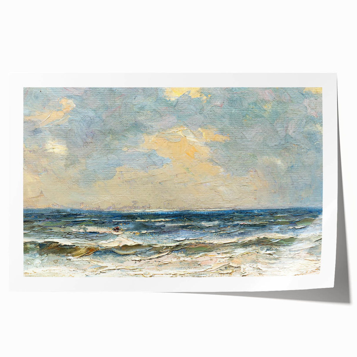 Vibrant rolled print showcasing a serene beach landscape with golden sands and turquoise waves, ideal for home decor. Perfect for coastal-themed interior design.