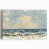 Stretched canvas artwork showcasing a serene beach landscape with vibrant blue skies and soft white sands, perfect for enhancing home decor with a coastal theme.