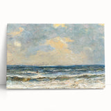 Vibrant stretched canvas artwork showcasing a serene beach landscape with gentle waves and a pastel sunset, perfect for enhancing home decor.