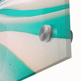 Vibrant close-up of an acrylic glass wall art piece showcasing a serene beach landscape, featuring soft colors and intricate details for a calming decor accent.