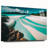 Acrylic glass wall art collection showcasing a vibrant beach landscape design, viewed from the side, highlighting its sleek finish and modern aesthetic for interior decor.