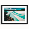 Framed wall art showcasing a serene beach landscape design with vibrant colors, featuring a black mat and frame, perfect for enhancing home decor.