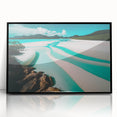Framed acrylic wall art showcasing a serene beach landscape design with vibrant colors and a sleek black frame, perfect for modern home decor.