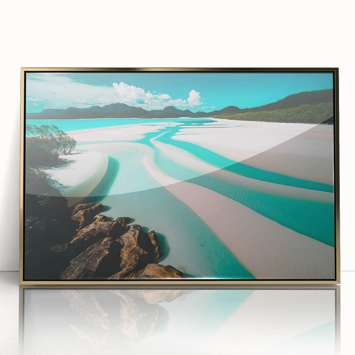 Framed wall art collection showcasing a stunning beach landscape with vibrant colors, gold acrylic frame, perfect for enhancing coastal decor and ambiance.