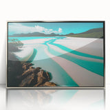 Framed acrylic wall art showcasing a serene beach landscape with vibrant colors and a silver frame, perfect for enhancing modern home decor.