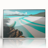 Framed wall art collection showcasing a serene beach landscape with vibrant colors, set in a sleek white frame, ideal for modern home decor.