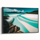 Framed canvas wall art showcasing a serene beach landscape with vibrant colors, designed for modern decor, featuring a sleek black frame side view. Perfect for home or office.