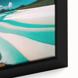 Framed canvas wall art showcasing a serene beach landscape design, featuring soft blue hues and golden sands, perfect for enhancing home decor with a coastal vibe.