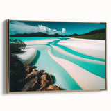 Framed canvas wall art featuring a serene beach landscape design with vibrant colors and a gold frame, ideal for enhancing home decor and interior aesthetics.