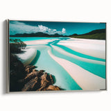 Framed canvas wall art showcasing a serene beach landscape with vibrant colors and a silver frame, ideal for modern home decor and enhancing interior aesthetics.