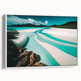 Framed canvas wall art showcasing a serene beach landscape design, featuring soft blue and beige tones. The artwork is displayed in a sleek white frame, emphasizing its calming aesthetic, perfect for coastal-themed interiors.