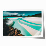 Rolled print of a serene beach landscape featuring soft waves lapping against golden sand under a clear blue sky, ideal for home decor or office art display.