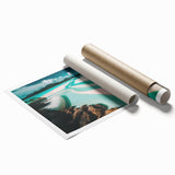 Vibrant beach landscape wall art print showcasing a serene seascape with soft waves and golden sand, rolled and ready for framing in a protective tube. Ideal for coastal decor enthusiasts.