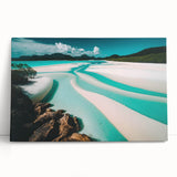 Stretched canvas wall art featuring a serene beach landscape design with vibrant colors, leaning against a neutral wall, ideal for coastal home decor.