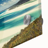 Close-up of a vibrant acrylic glass wall art piece showcasing a serene beach landscape, with soft pastel colors and detailed textures, perfect for coastal home decor.