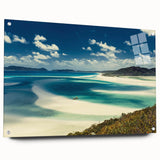 Acrylic glass wall art collection showcasing a serene beach landscape design, displayed from a side view with decorative pins, perfect for modern home décor.