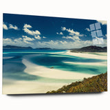 Acrylic glass wall art collection showcasing a vibrant beach landscape design in a side view, emphasizing intricate details and vivid colors, perfect for home decor.