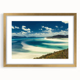 Elegant gold-framed wall art featuring serene beach landscape photography, showcasing vibrant colors and intricate details, perfect for home decor enhancement.
