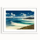 Framed wall art collection showcasing serene beach landscapes, featuring a white mat and sleek frame design, ideal for enhancing home decor with coastal vibes.