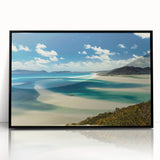 Framed acrylic wall art collection showcasing vibrant beach landscapes, featuring a sleek black frame and a modern aesthetic, perfect for home decor enthusiasts.