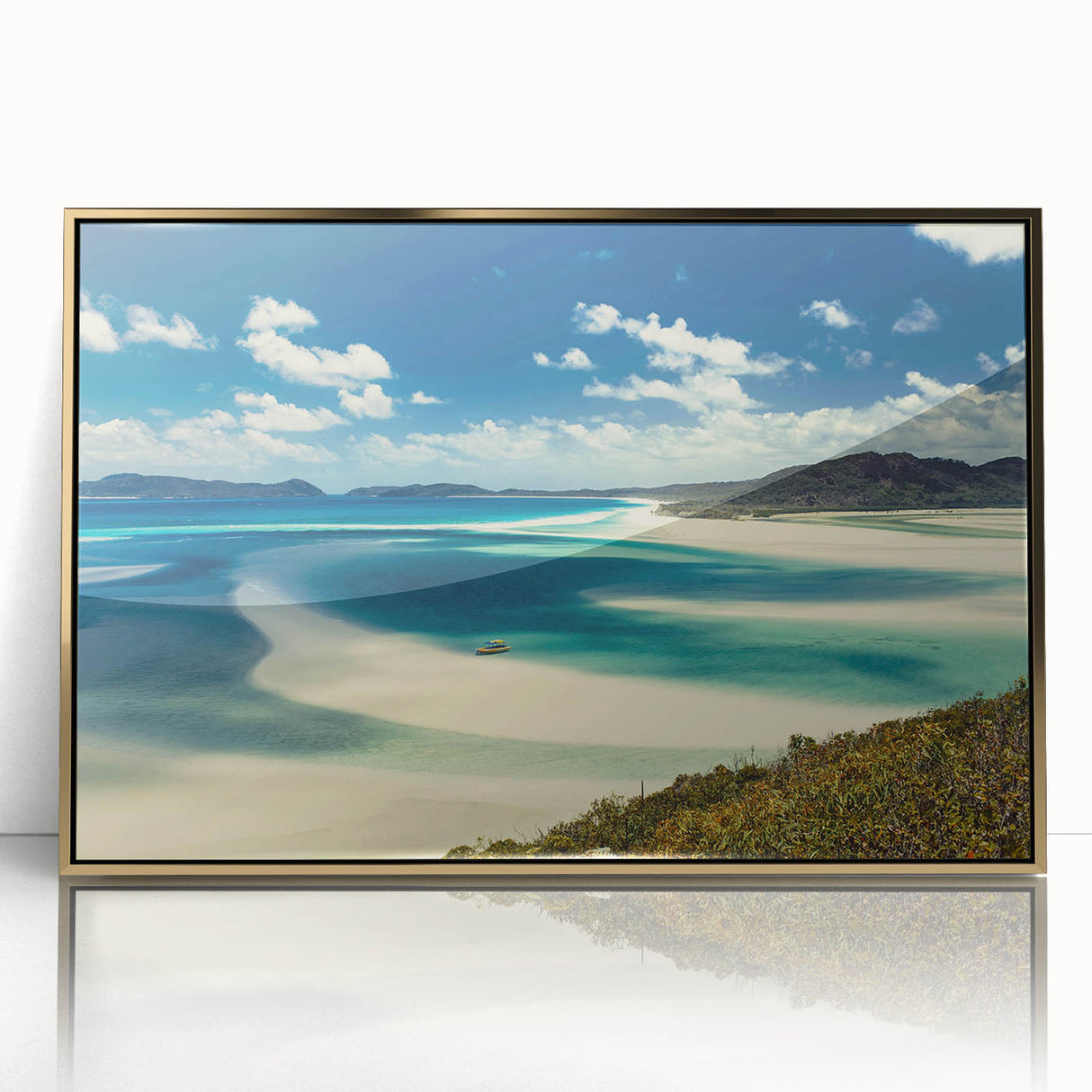 Framed wall art collection featuring a serene beach landscape design with vibrant colors and a gold frame, perfect for enhancing modern home decor.