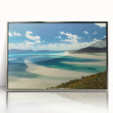 Framed acrylic wall art featuring a stunning beach landscape design with vibrant colors and silver accents, perfect for modern home decor and coastal themes.