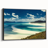 Framed canvas wall art showcasing a serene beach landscape design, featuring vibrant colors and a sleek black frame, ideal for home decor and relaxation.