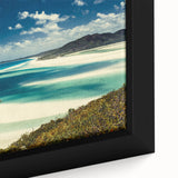 Framed canvas wall art showcasing a serene beach landscape design with vibrant colors, ideal for home decor. This close-up highlights the intricate details and textures of the artwork, perfect for enhancing any living space with a coastal vibe.