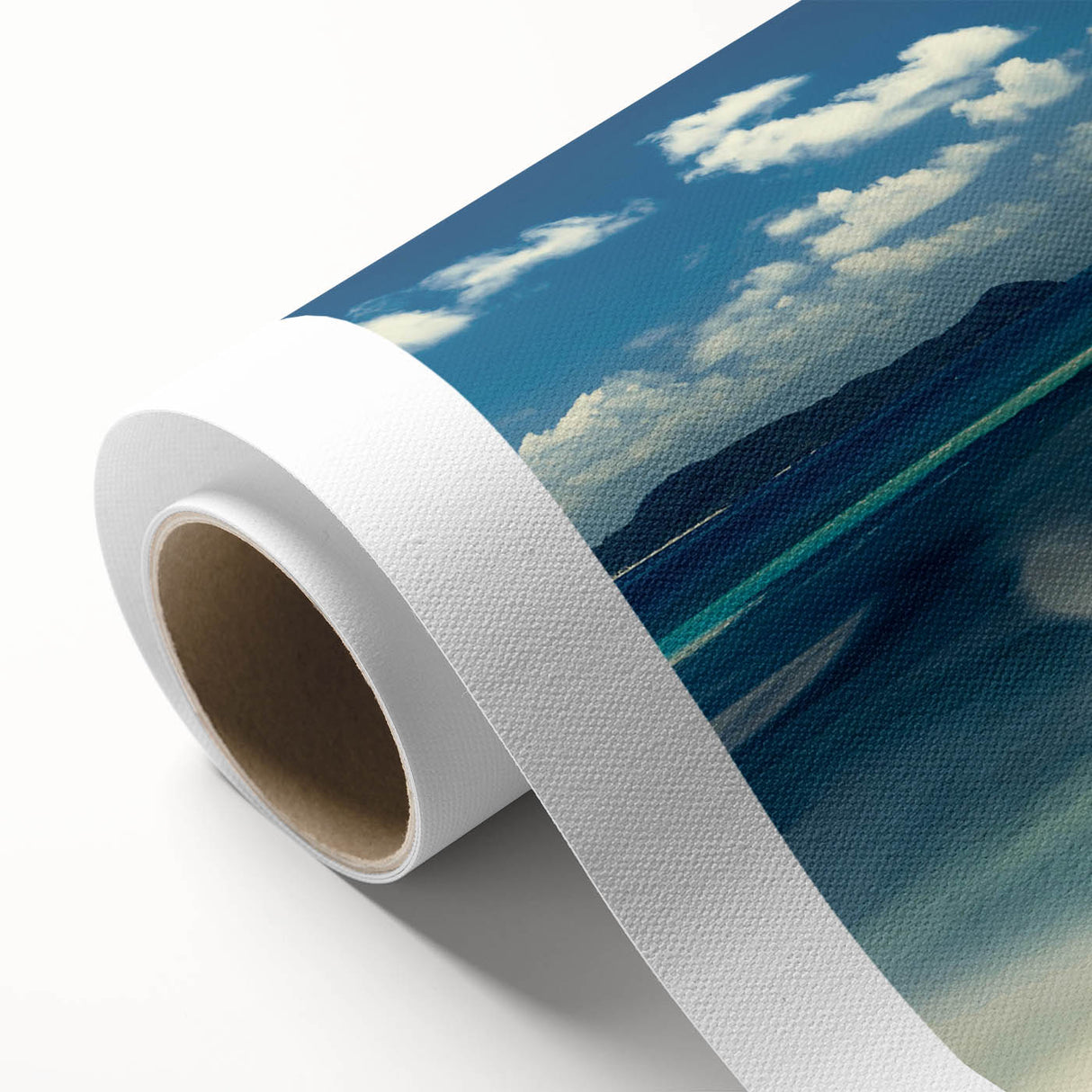 Vibrant rolled canvas showcasing a breathtaking beach landscape design, featuring turquoise waters and golden sand, ideal for home decor and art enthusiasts.