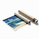 Vibrant rolled print showcasing a serene beach landscape with soft waves and golden sand, ideal for home décor. Packaged securely in a sturdy tube for easy transport and display.