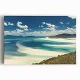 Stretched canvas wall art showcasing a vibrant beach landscape design with vivid blues and sandy tones, perfect for home decor or office inspiration.