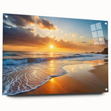 Side view of a modern wall art piece showcasing a vibrant beach landscape design, printed on acrylic glass with decorative pins, perfect for home decor.