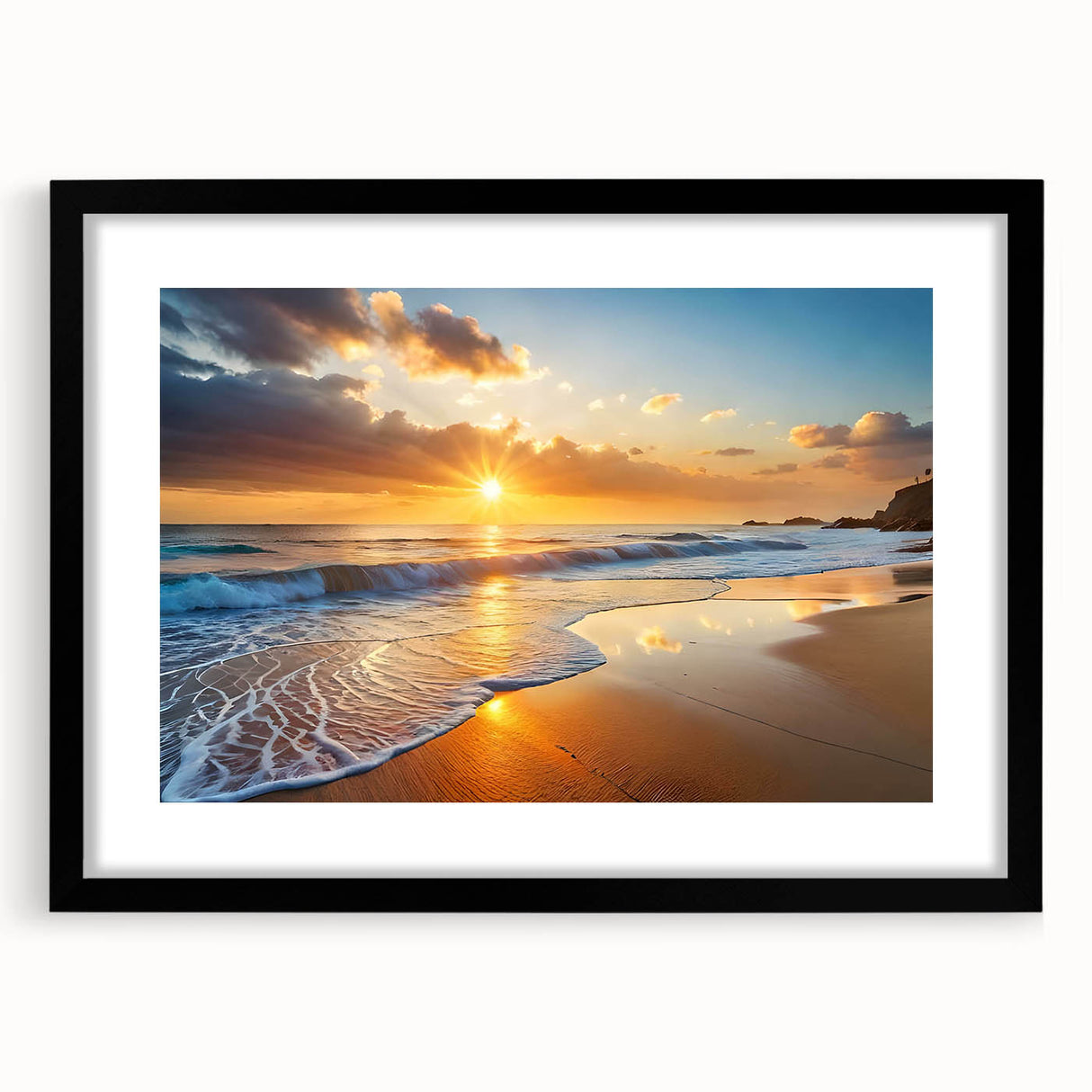 Framed landscape beach wall art collection featuring a black frame and mat, showcasing serene ocean views and vibrant colors, perfect for home decor.
