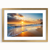 Framed wall art depicting a serene beach landscape, featuring soft pastel colors and a gold frame, ideal for home decor in coastal-themed interiors.
