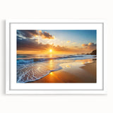 Framed beach landscape wall art collection with a white mat, showcasing vibrant ocean colors and serene coastal imagery, ideal for home decor enhancement.