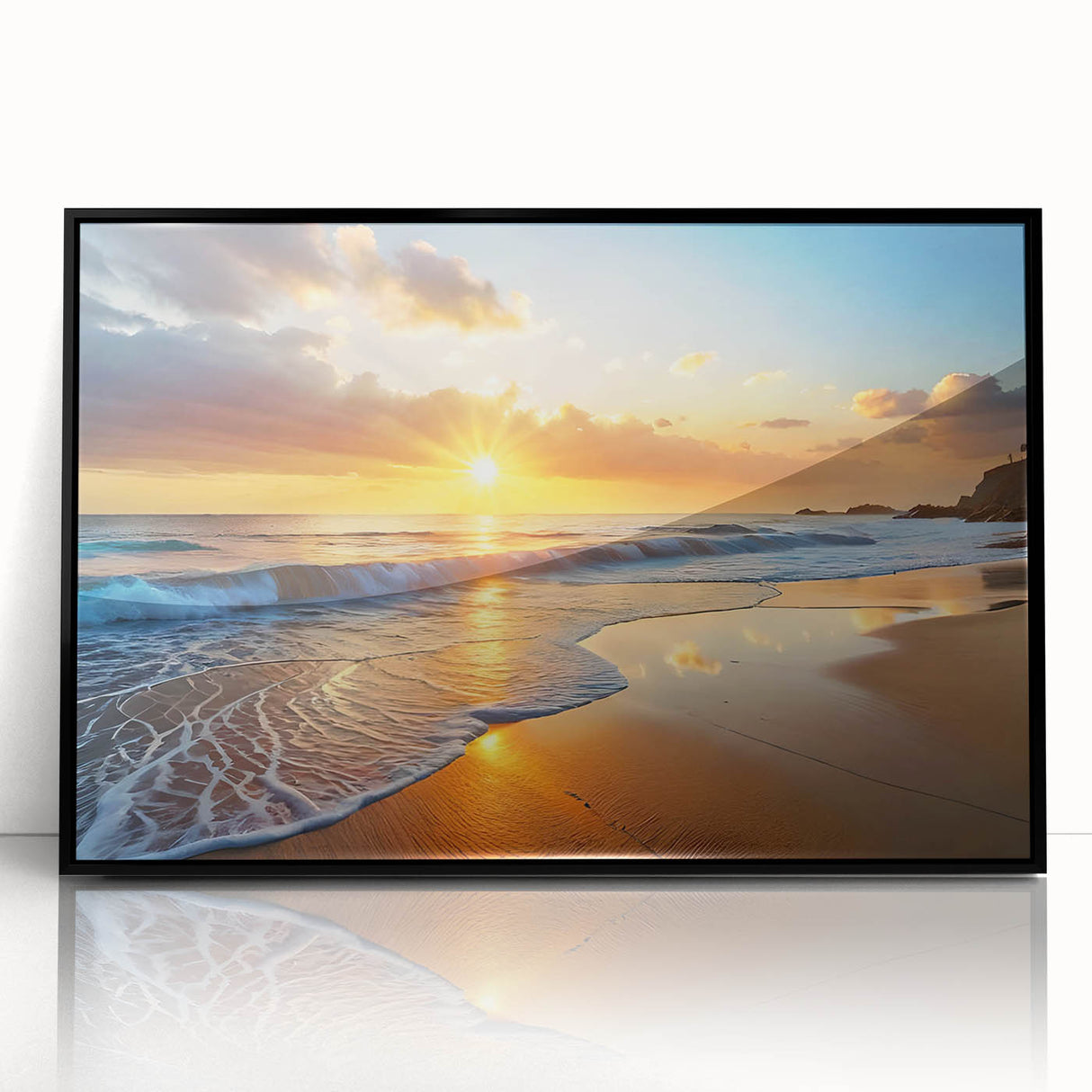 Framed acrylic wall art showcasing a serene beach landscape design, featuring vibrant blues and sandy tones, ideal for modern home decor.