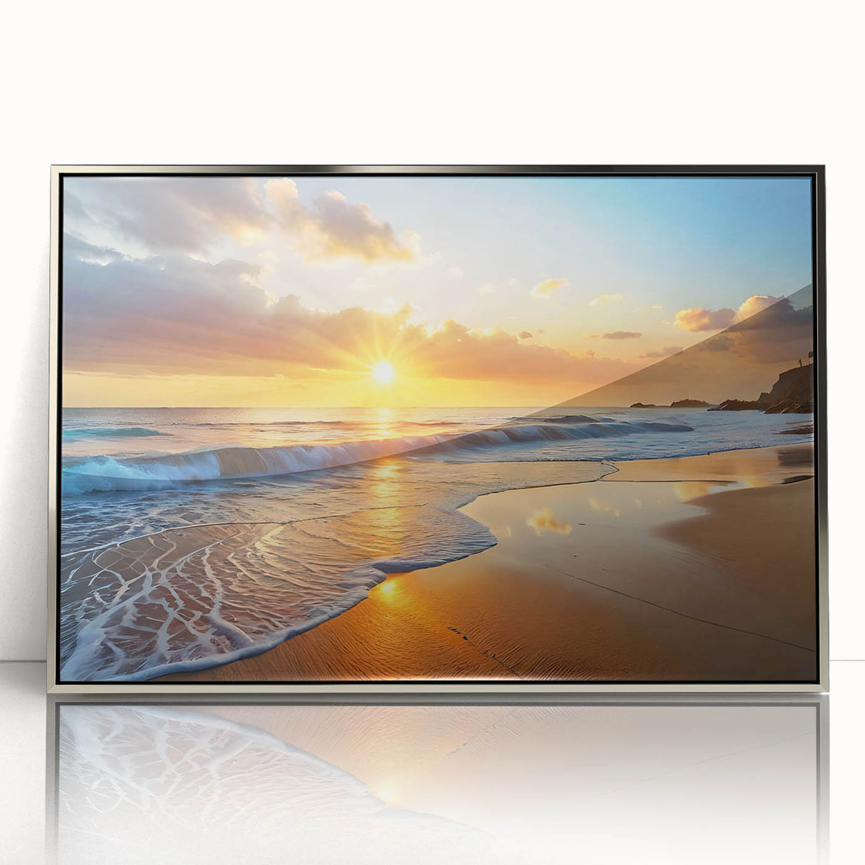 Framed wall art featuring a stunning beach landscape design with vibrant colors and textured acrylic finish, ideal for enhancing interior decor with a coastal theme.
