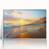 Framed acrylic wall art showcasing a serene beach landscape, featuring soft pastel colors and gentle waves, perfect for enhancing home decor with a calming vibe.