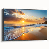 Framed canvas wall art showcasing a serene beach landscape design, featuring vibrant colors and intricate details, with a sleek black frame enhancing its elegance. Ideal for home decor, this artwork adds a calming coastal vibe to any room.