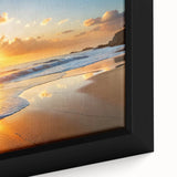 Framed canvas artwork showcasing a vibrant beach landscape with vivid colors and intricate details, ideal for home decor and coastal themes.