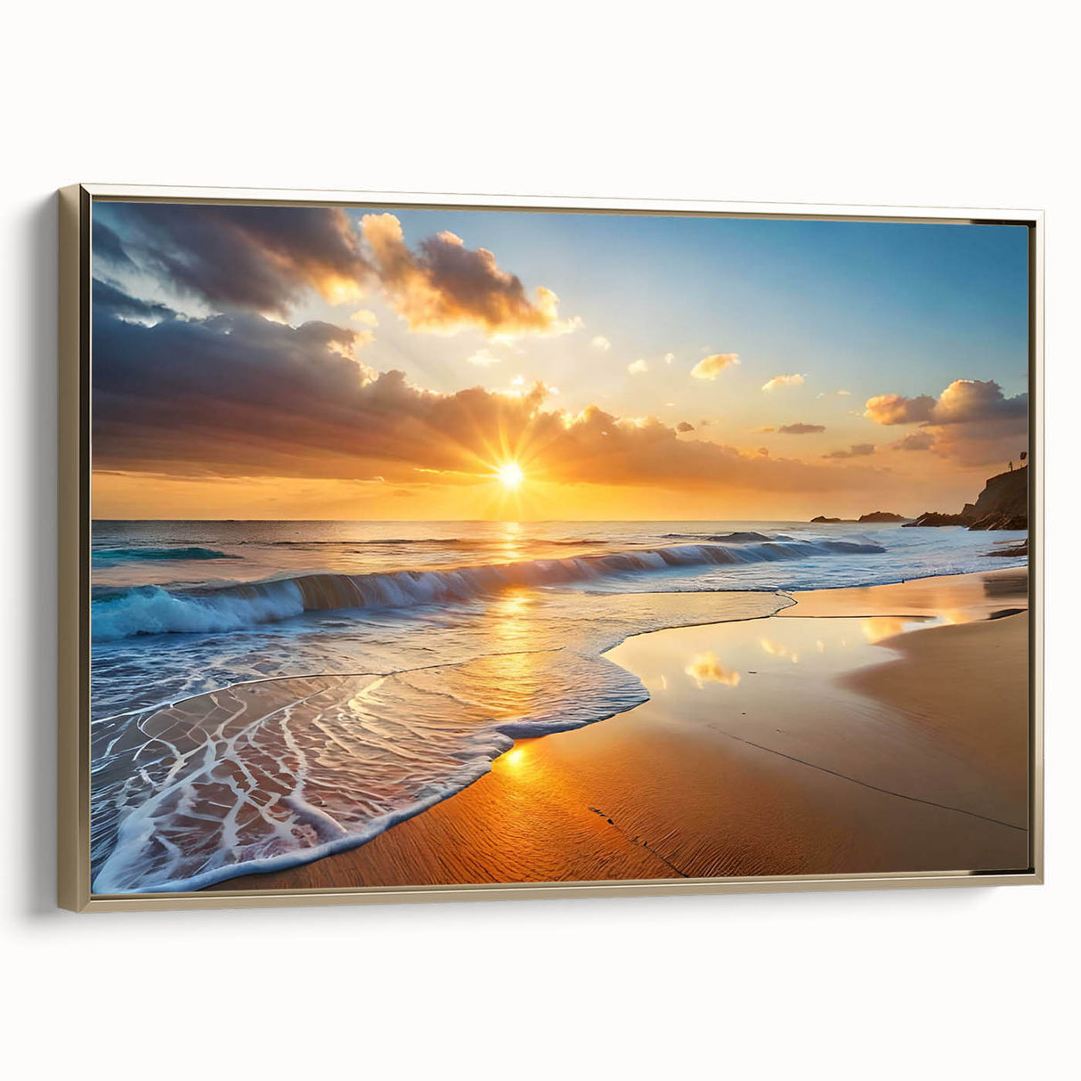 Framed canvas wall art showcasing a serene beach landscape with vibrant colors, featuring golden accents and a sleek side view design, perfect for home decor.