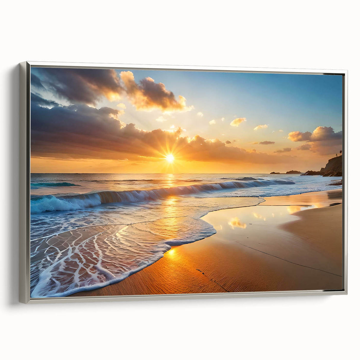 Framed canvas wall art showcasing a serene beach landscape with vibrant colors, silver frame, and a modern design, perfect for home decor enhancement.